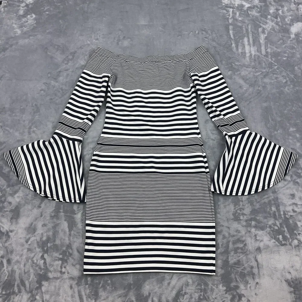 SUGAR + LIPS Dress Women’s Size XS Black White Striped Bell Sleeve Bodycon